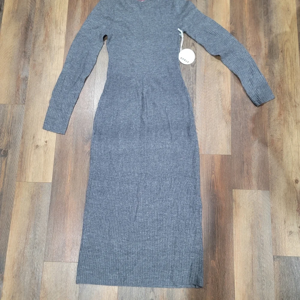 STAUD Ramona Ribbed Wool Blend Midi Dress Grey Charcoal Size Large NWT - Picture 3 of 11